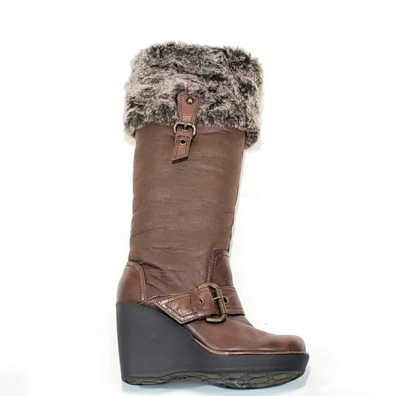 Aldo Tall Wedge Fur Boots Brown Leather Buckle - Picture 6 of 8